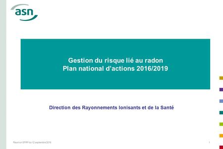 Reunion SFRP du 12 septembre 20161 Gestion du risque lié au radon Plan national d’actions 2016/2019 Direction des Rayonnements Ionisants et de la Santé.