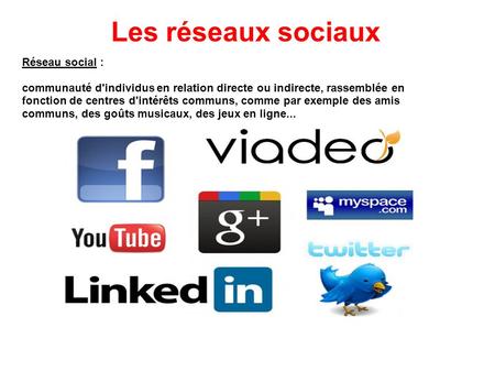 Les réseaux sociaux Réseau social : communauté d'individus en relation directe ou indirecte, rassemblée en fonction de centres d'intérêts communs, comme.