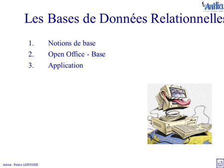 Auteur : Patrice LEPISSIER Les Bases de Données Relationnelles 1.Notions de base 2.Open Office - Base 3.Application.
