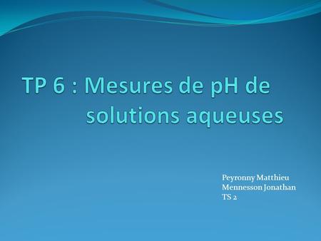 Peyronny Matthieu Mennesson Jonathan TS 2. Sommaire I / Solutions aqueuses acides  A Solutions aqueuses d’acide éthanoïque  B Solutions aqueuses d’acide.