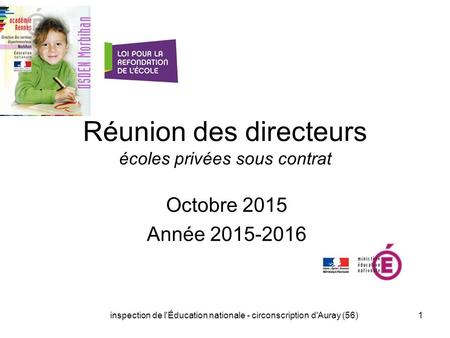 Inspection de l'Éducation nationale - circonscription d'Auray (56)1 Réunion des directeurs écoles privées sous contrat Octobre 2015 Année 2015-2016.