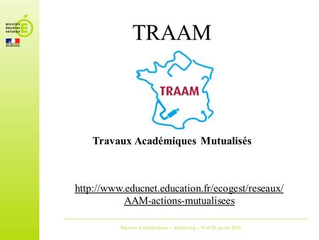 Réunion d’interlocuteurs – Strasbourg – 19 et 20 janvier 2010 TRAAM Travaux Académiques Mutualisés  AAM-actions-mutualisees.