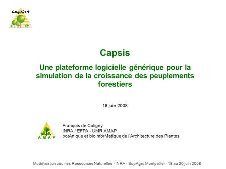 Capsis Une plateforme logicielle générique pour la simulation de la croissance des peuplements forestiers 18 juin 2008 François de Coligny INRA / EFPA.
