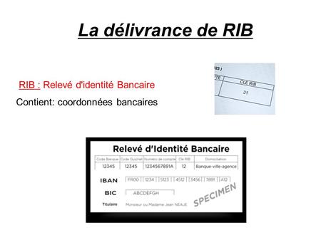 La délivrance de RIB RIB : Relevé d'identité Bancaire Contient: coordonnées bancaires.
