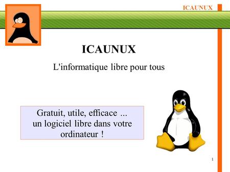 ICAUNUX 1 L'informatique libre pour tous Gratuit, utile, efficace... un logiciel libre dans votre ordinateur !