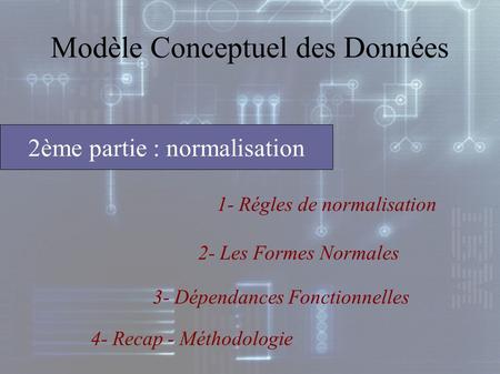 1- Régles de normalisation 2ème partie : normalisation Modèle Conceptuel des Données 2- Les Formes Normales 3- Dépendances Fonctionnelles 4- Recap - Méthodologie.