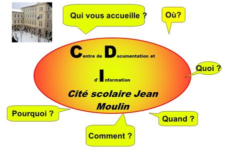 C entre de D ocumentation et d' I nformation Cité scolaire Jean Moulin Où? Qui vous accueille ? Quand ? Pourquoi ? Comment ? Quoi ?