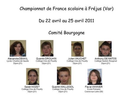 Championnat de France scolaire à Fréjus (Var) Du 22 avril au 25 avril 2011 Comité Bourgogne Alexandra DEKKIL Lycée Charles de Gaulle Dijon (21) Quentin.