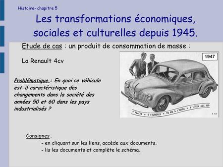 Histoire- chapitre 5 Les transformations économiques, sociales et culturelles depuis 1945. Etude de cas : un produit de consommation de masse : La Renault.
