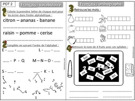 Français : vocabulaire Colorie la première lettre de chaque mot pour les écrire dans l’ordre alphabétique : citron – ananas - banane ………………………………………….