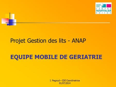 EQUIPE MOBILE DE GERIATRIE Projet Gestion des lits - ANAP I. Pegoud – IDE Coordinatrice 01/07/2014.