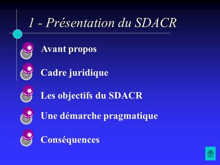 Cadre juridique Les objectifs du SDACR Une démarche pragmatique Conséquences Avant propos 1 - Présentation du SDACR.