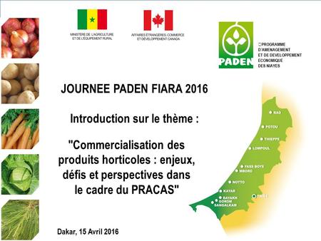 1 PROGRAMME D’AMENAGEMENT ET DE DEVELOPPEMENT ECONOMIQUE DES NIAYES JOURNEE PADEN FIARA 2016 Introduction sur le thème : Dakar, 15 Avril 2016 Commercialisation.
