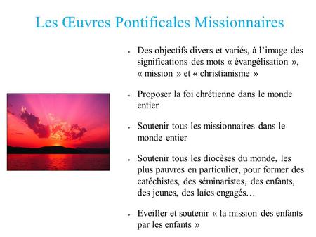 Les Œuvres Pontificales Missionnaires ● Des objectifs divers et variés, à l’image des significations des mots « évangélisation », « mission » et « christianisme.