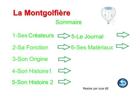 Sommaire 1-Ses Créateurs La Montgolfière 2-Sa Fonction 3-Son Origine 4-Son Histoire1 6-Ses Matériaux 5-Son Histoire 2 5-Le Journal Réalisé par lucie 6E.