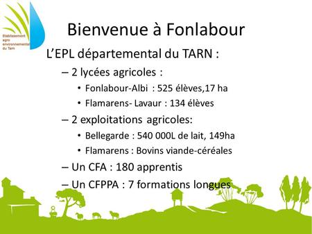 Bienvenue à Fonlabour L’EPL départemental du TARN : – 2 lycées agricoles : Fonlabour-Albi : 525 élèves,17 ha Flamarens- Lavaur : 134 élèves – 2 exploitations.