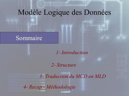 1- Introduction Sommaire Modèle Logique des Données 2- Structure 3- Traduction du MCD en MLD 4- Recap - Méthodologie.