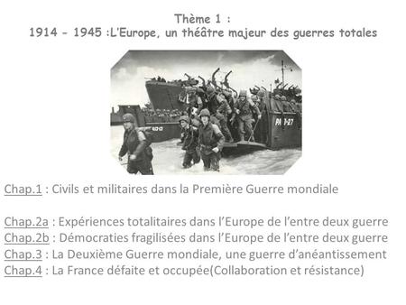 Thème 1 : 1914 - 1945 :L’Europe, un théâtre majeur des guerres totales Chap.1 : Civils et militaires dans la Première Guerre mondiale Chap.2a : Expériences.