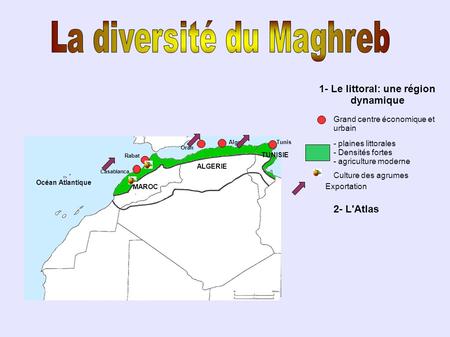 1- Le littoral: une région dynamique Océan Atlantique MAROC ALGERIE TUNISIE Grand centre économique et urbain Casablanca Rabat Oran AlgerTunis - plaines.