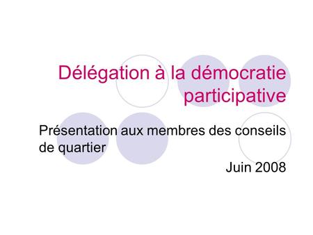 Délégation à la démocratie participative Présentation aux membres des conseils de quartier Juin 2008.