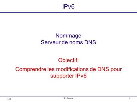 V.1a E. Berera1 IPv6 Nommage Serveur de noms DNS Objectif: Comprendre les modifications de DNS pour supporter IPv6.