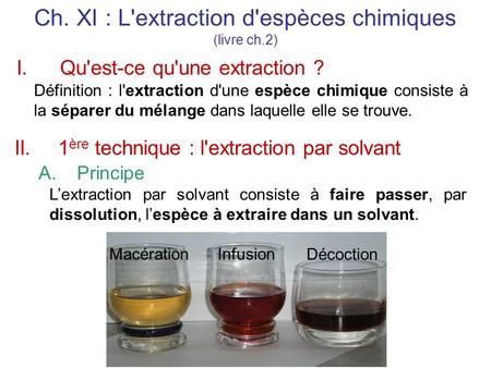 Ch. XI : L'extraction d'espèces chimiques (livre ch.2) I.Qu'est-ce qu'une extraction ? A.Principe Définition : l'extraction d'une espèce chimique consiste.