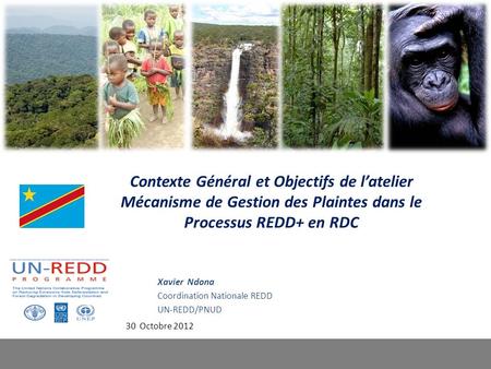 Contexte Général et Objectifs de l’atelier Mécanisme de Gestion des Plaintes dans le Processus REDD+ en RDC 30 Octobre 2012 Xavier Ndona Coordination Nationale.