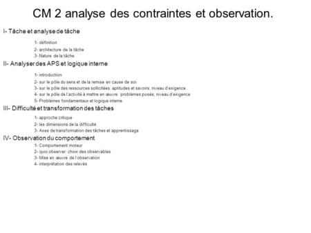 CM 2 analyse des contraintes et observation. I- Tâche et analyse de tâche 1- définition 2- architecture de la tâche 3- Nature de la tâche. II- Analyser.