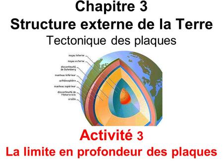 Chapitre 3 Structure externe de la Terre Tectonique des plaques Activité 3 La limite en profondeur des plaques.