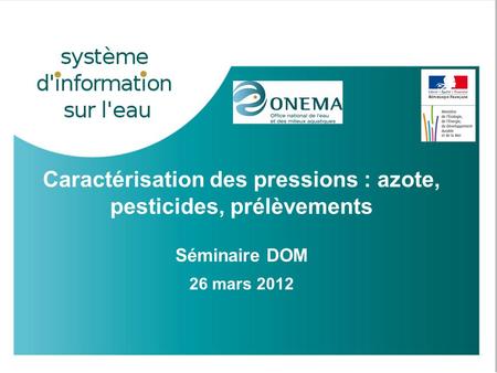 Caractérisation des pressions : azote, pesticides, prélèvements Séminaire DOM 26 mars 2012.