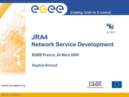 INFSO-RI-508833 Enabling Grids for E-sciencE  JRA4 Network Service Development EGEE France, 24 Mars 2005 Sophie Nicoud.