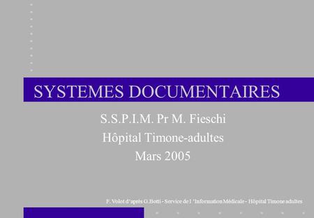 F. Volot d’après G.Botti - Service de l ’Information Médicale - Hôpital Timone adultes SYSTEMES DOCUMENTAIRES S.S.P.I.M. Pr M. Fieschi Hôpital Timone-adultes.