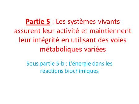 Partie 5 : Les systèmes vivants assurent leur activité et maintiennent leur intégrité en utilisant des voies métaboliques variées Sous partie 5-b : L’énergie.