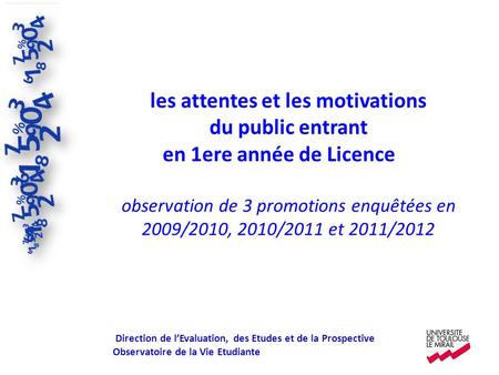 Les attentes et les motivations du public entrant en 1ere année de Licence observation de 3 promotions enquêtées en 2009/2010, 2010/2011 et 2011/2012 Direction.