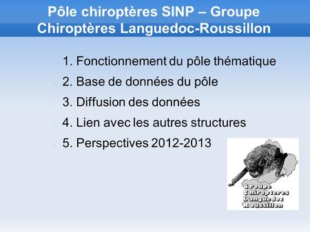 Pôle chiroptères SINP – Groupe Chiroptères Languedoc-Roussillon 1. Fonctionnement du pôle thématique 2. Base de données du pôle 3. Diffusion des données.