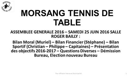 MORSANG TENNIS DE TABLE ASSEMBLEE GENERALE 2016 – SAMEDI 25 JUIN 2016 SALLE ROGER BAILLY : Bilan Moral (Muriel) – Bilan Financier (Stéphane) – Bilan Sportif.
