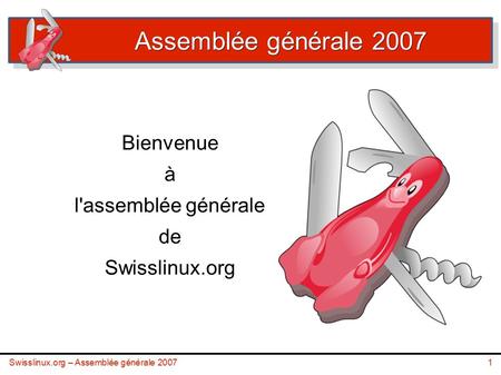 Swisslinux.org – Assemblée générale Assemblée générale 2007 Bienvenue à l'assemblée générale de Swisslinux.org.