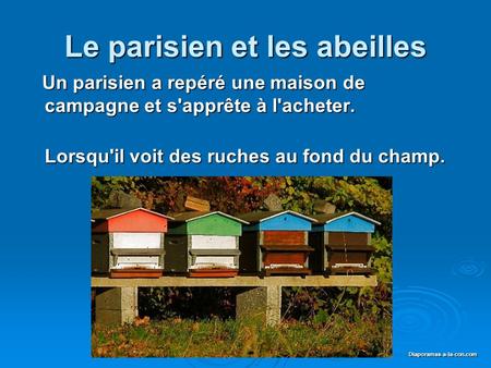Diaporama PPS réalisé pour  Diaporamas-a-la-con.com Le parisien et les abeilles Un parisien a repéré une maison de campagne.