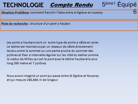 TECHNOLOGIE 5 ème1 Équipé 6 Compte Rendu Piste de recherche : structure d'un pont a hauban Situation Problème :comment franchir l'Isère entre st-Egrève.