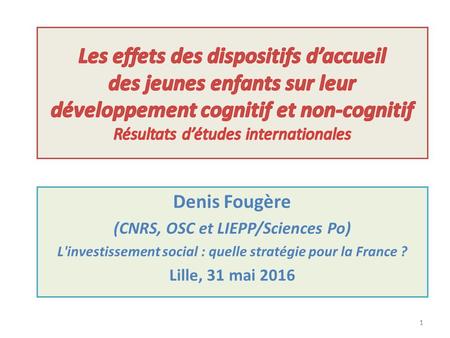 1 Denis Fougère (CNRS, OSC et LIEPP/Sciences Po) L'investissement social : quelle stratégie pour la France ? Lille, 31 mai