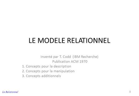 LE MODELE RELATIONNEL Inventé par T. Codd (IBM Recherche) Publication ACM Concepts pour la description 2. Concepts pour la manipulation 3. Concepts.