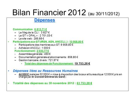 Bilan Financier 2012 (au 30/11/2012) Dépenses Communication : 6 813,71 € –Le Mag de la CLI : € –Le GT « OPAL » : 2 701,03 € –Le site web : 285,68.