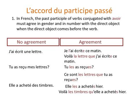 L’accord du participe passé 1.In French, the past participle of verbs conjugated with avoir must agree in gender and in number with the direct object when.