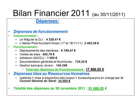 Bilan Financier 2011 (au 30/11/2011) Dépenses: Dépenses de fonctionnement Communication : –Le Mag de la CLI : 4 228,41 € –L’Atelier Post-Accident Orsan.