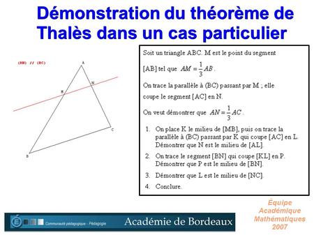 Démonstration du théorème de Thalès dans un cas particulier Équipe Académique Mathématiques 2007.