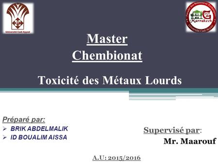 Master Chembionat Toxicité des Métaux Lourds Préparé par:  BRIK ABDELMALIK  ID BOUALIM AISSA Supervisé par: Mr. Maarouf A.U: 2015/2016.