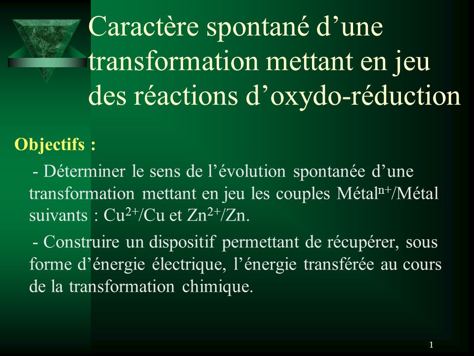 Caract re spontan d une transformation mettant en jeu des r actions d oxydo r duction Objectifs D terminer le sens de l volution spontan e d une