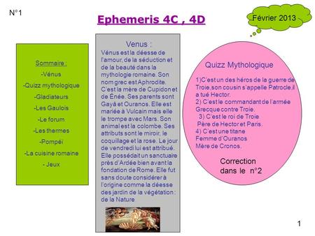 Ephemeris 4C , 4D N°1 Février 2013 Venus : Quizz Mythologique