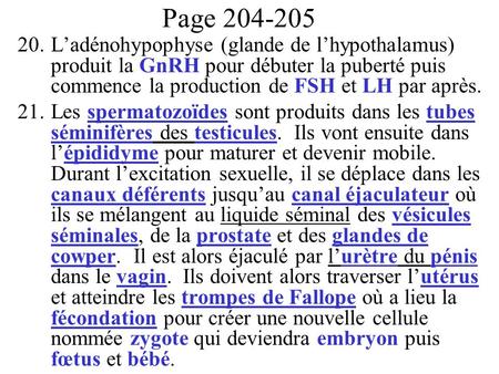 Page 204-205 L’adénohypophyse (glande de l’hypothalamus) produit la GnRH pour débuter la puberté puis commence la production de FSH et LH par après. Les.