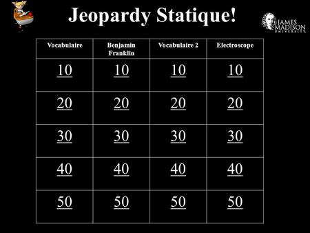 Jeopardy Statique! VocabulaireBenjamin Franklin Vocabulaire 2Electroscope 10 20 30 40 50.